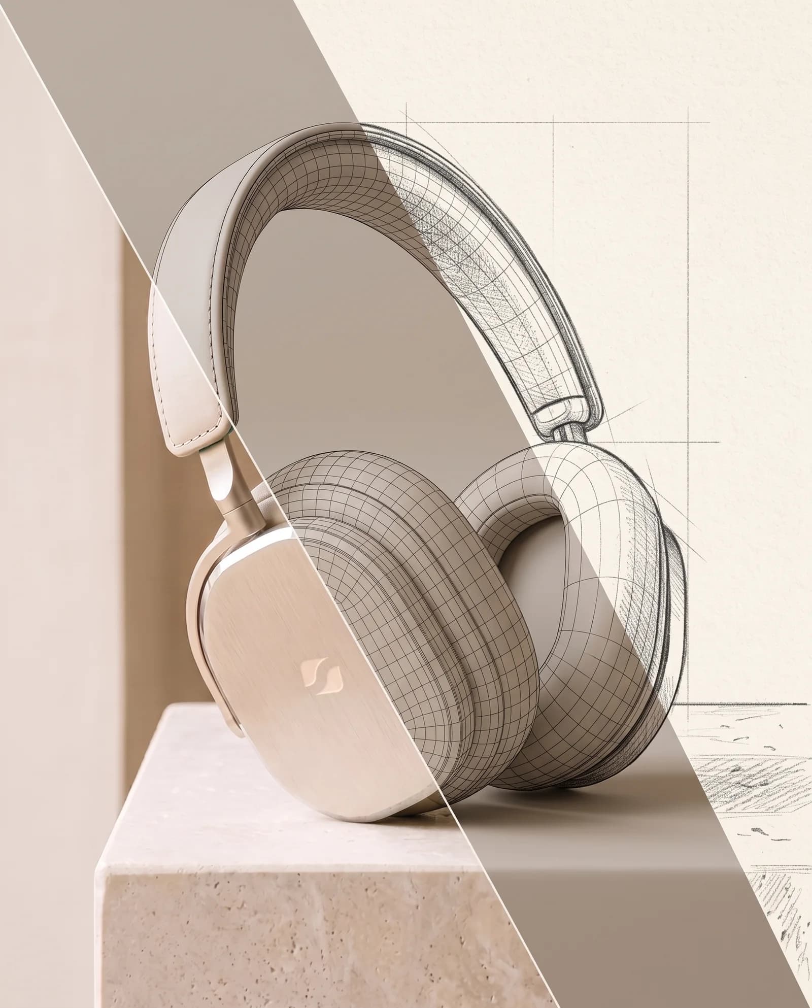 Headphones shown as pencil sketch, previz model and finished product in one frame