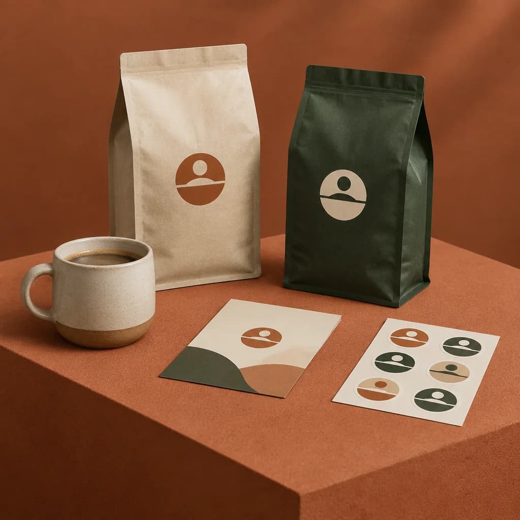 Coffee bags, cup and stickers for a roaster