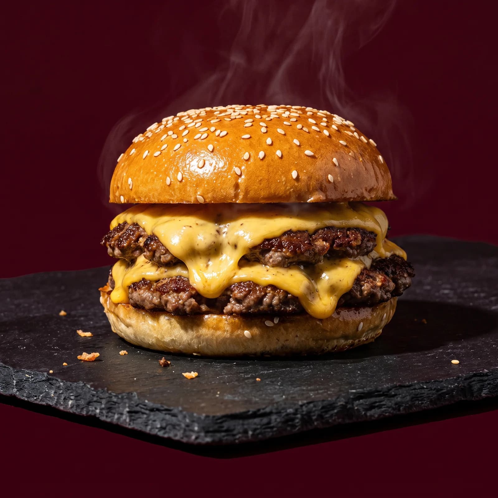 Double cheeseburger on slate, steam rising