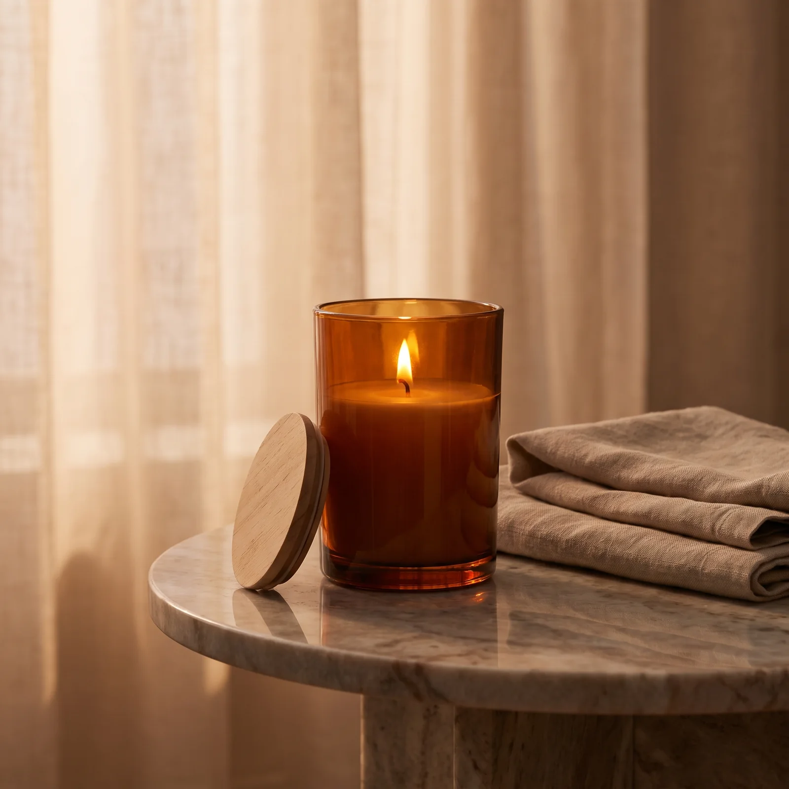 Amber candle on a marble side table