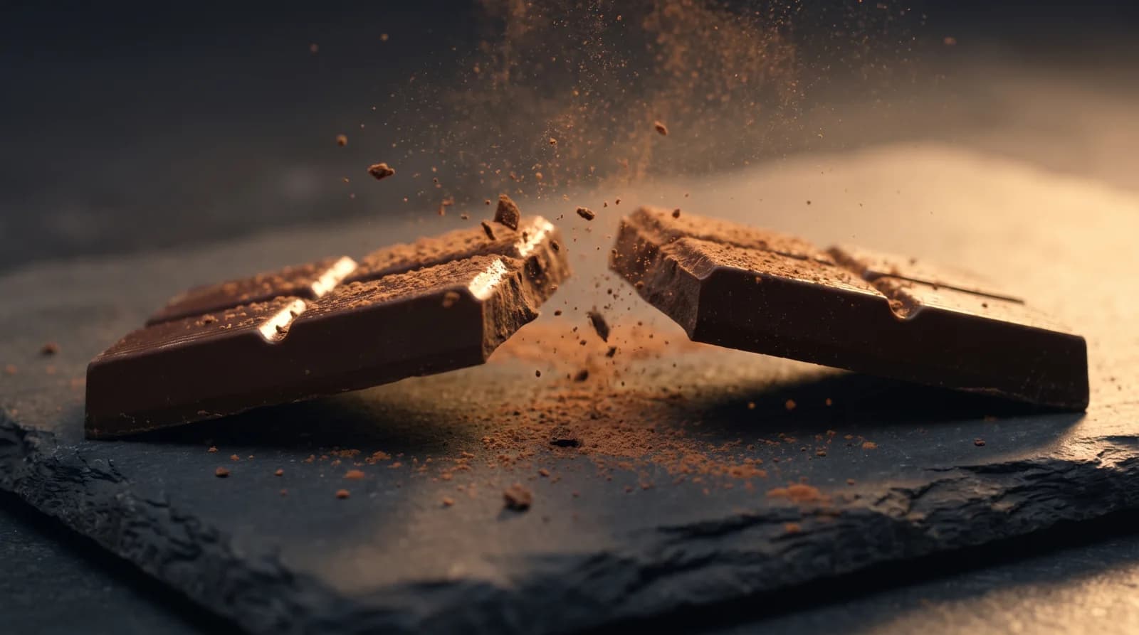 Chocolate bar breaking apart over slate