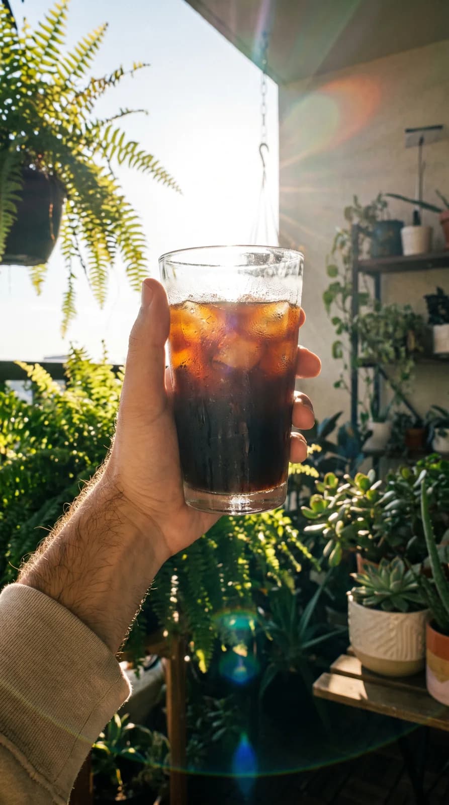 Cold brew held up against plants and window light