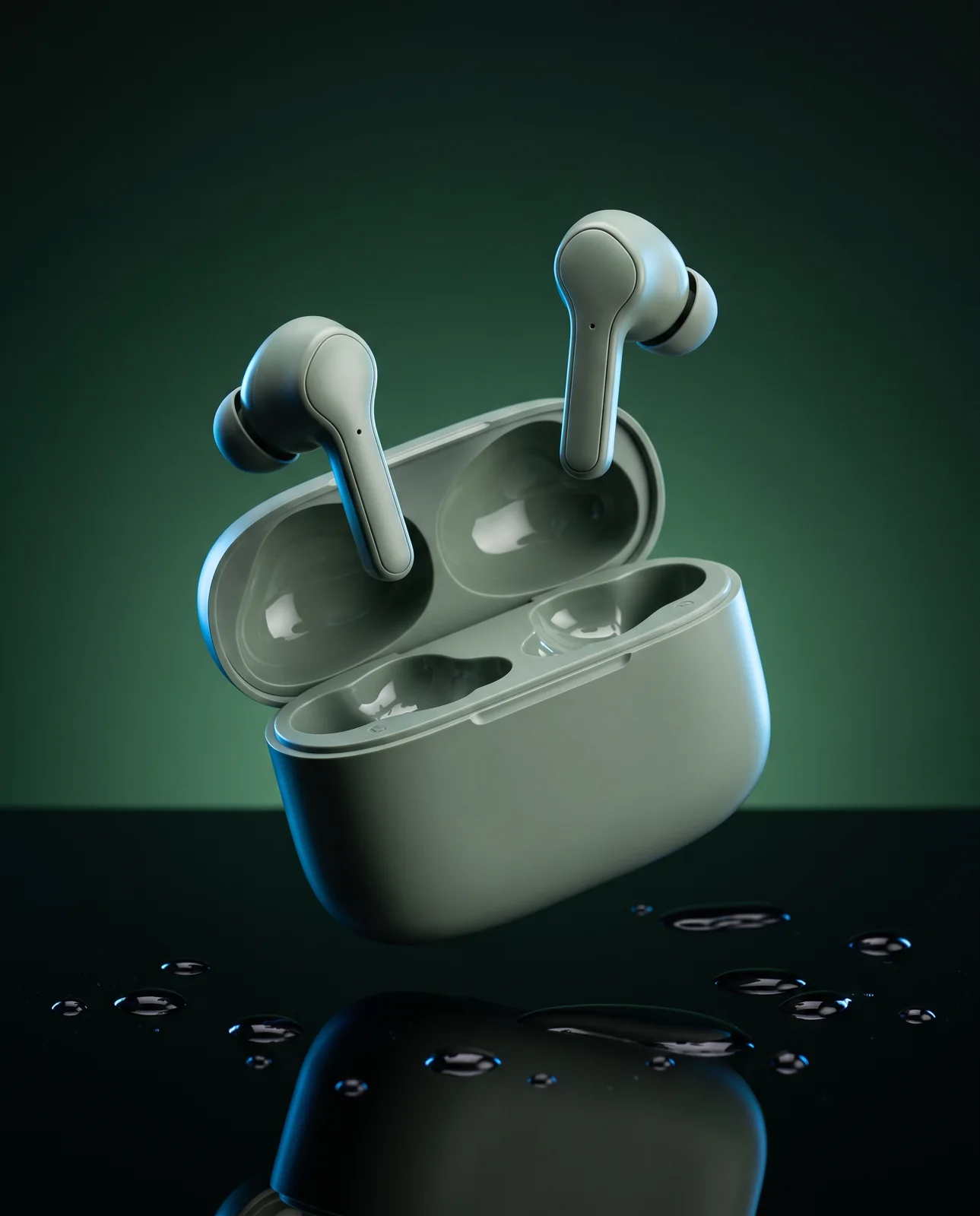 Sage earbuds lifting out of their case