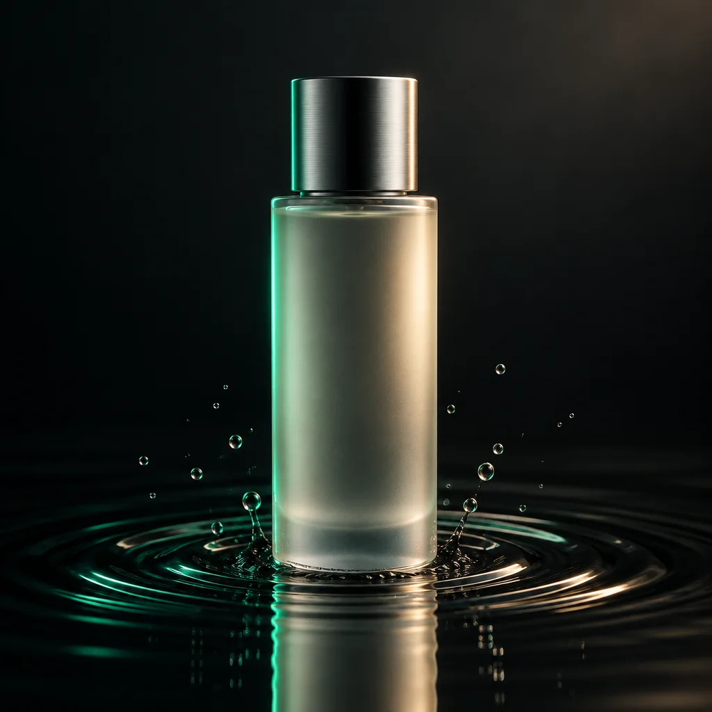 Glass fragrance bottle standing in rippling water