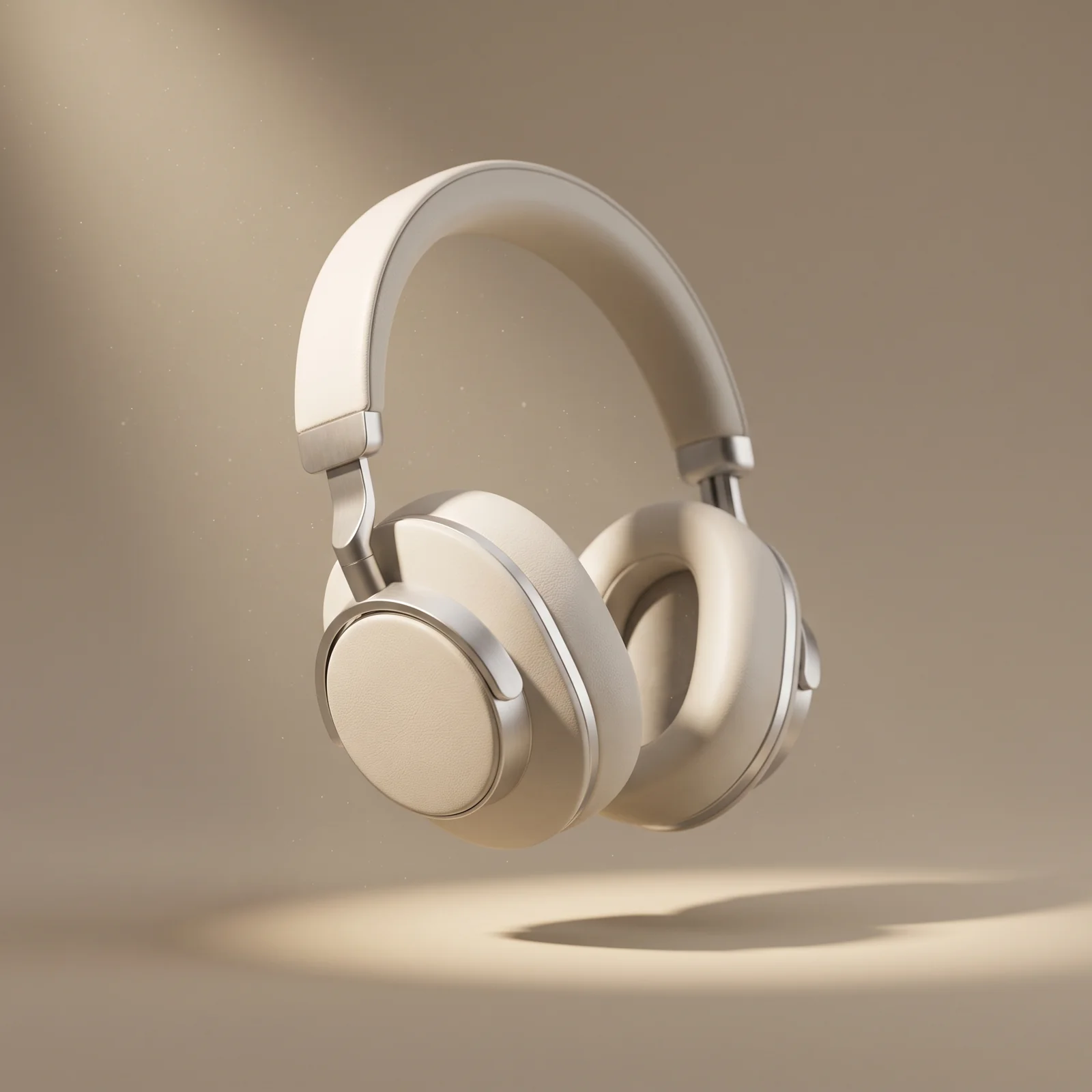 Ivory over-ear headphones floating in warm light