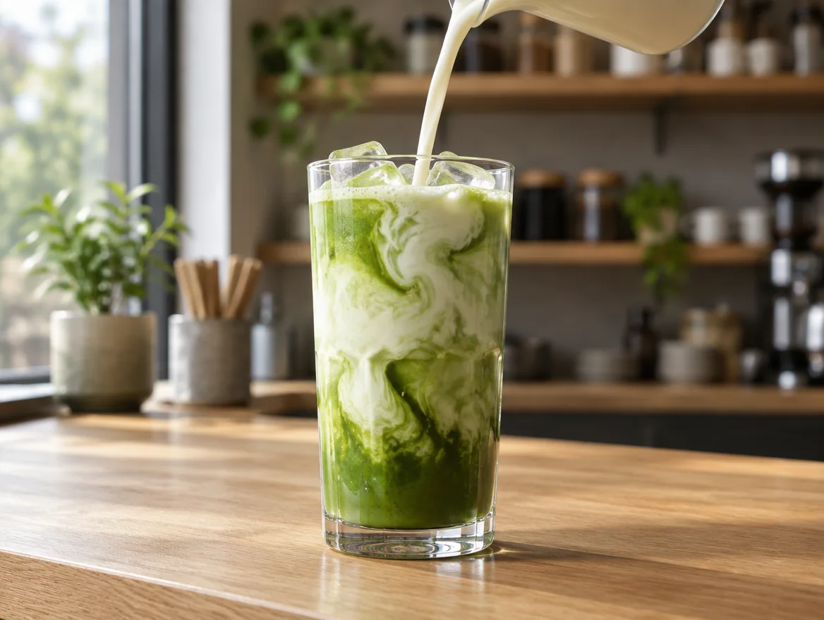 Iced matcha latte as the milk is poured