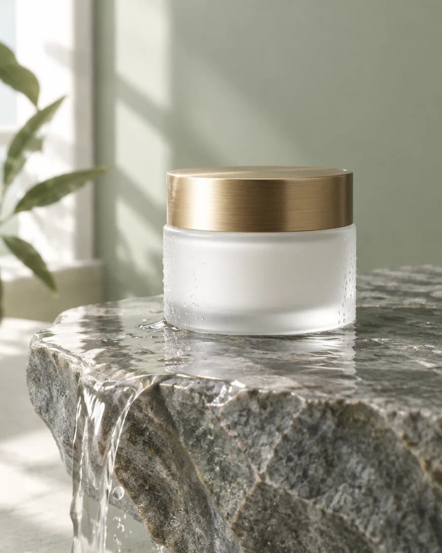Cream jar on wet stone by a window