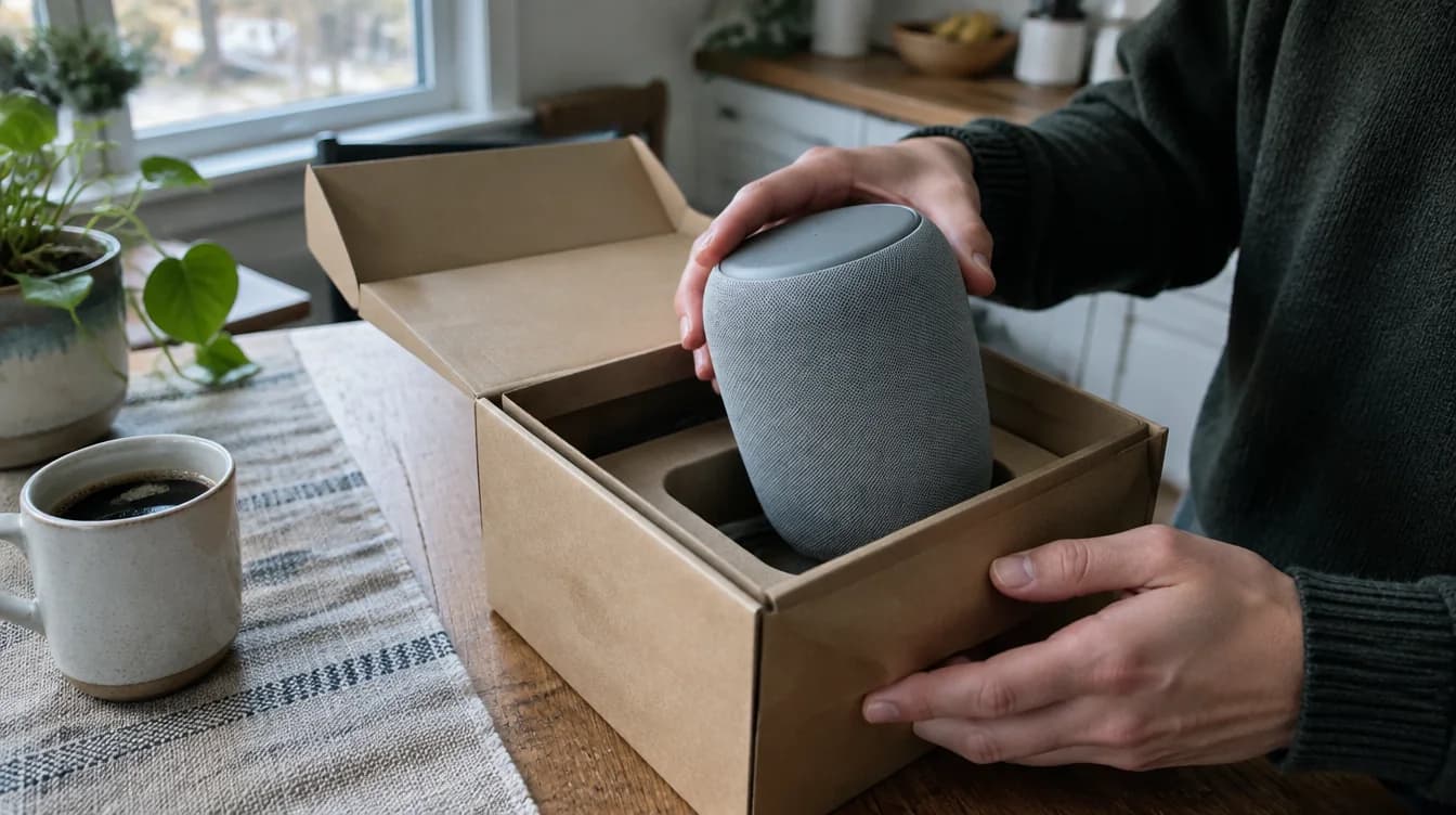 Hands lifting a speaker out of its box